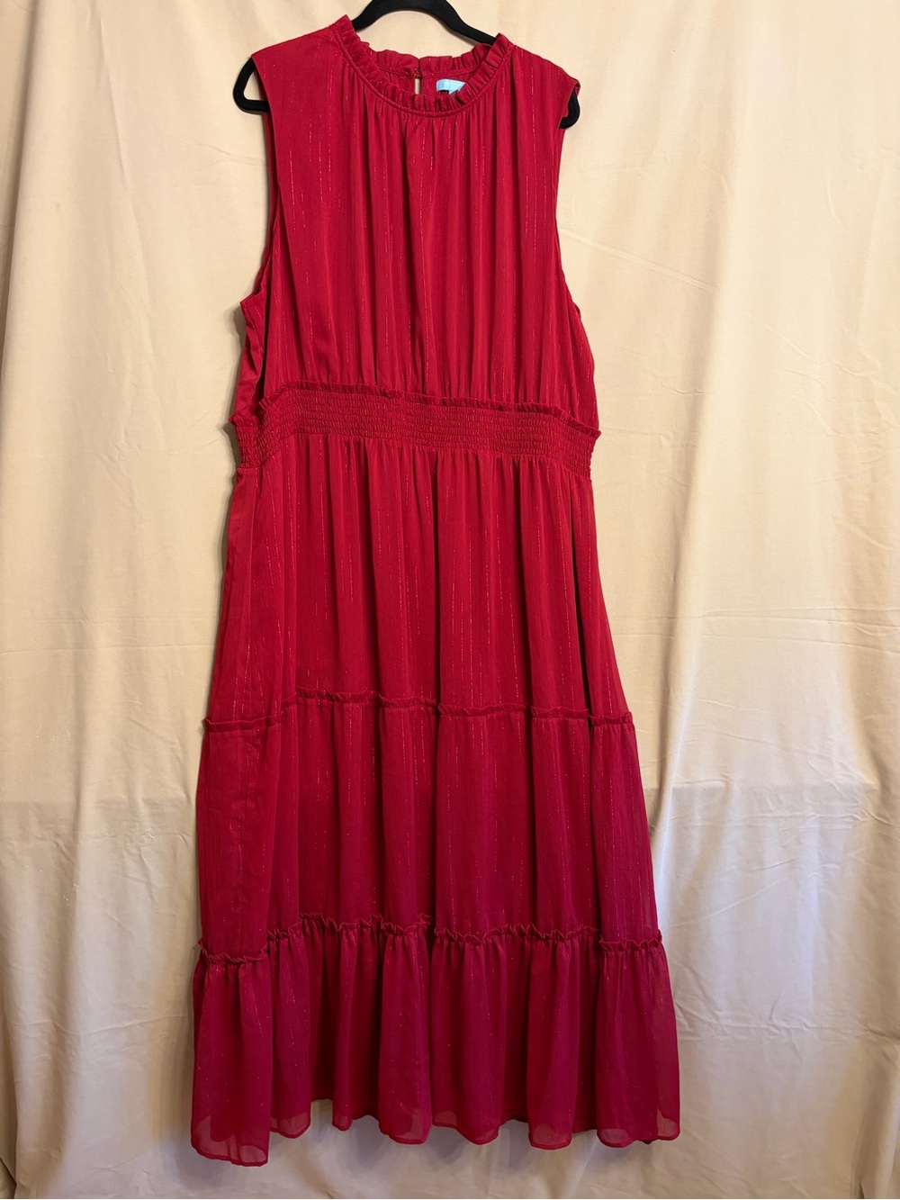 Draper James Crimson Red With Metallic Accents Sleeveless Tiered Maxi Dress